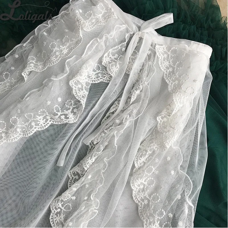 Double Layered Lolita Apron Mesh Waist Curtain Vintage Overlay Skirt