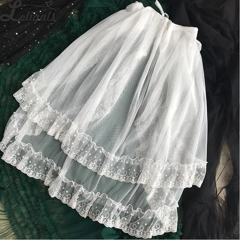 Double Layered Lolita Apron Mesh Waist Curtain Vintage Overlay Skirt