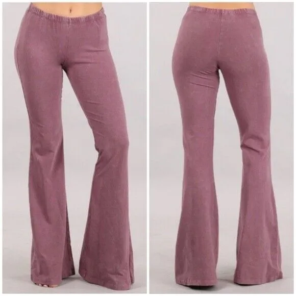 Dusty Rose Boho Mineral Wash Flared Bell Bottom Stretch Pull On Pants Womens