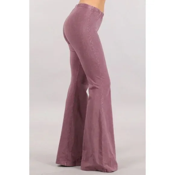 Dusty Rose Boho Mineral Wash Flared Bell Bottom Stretch Pull On Pants Womens