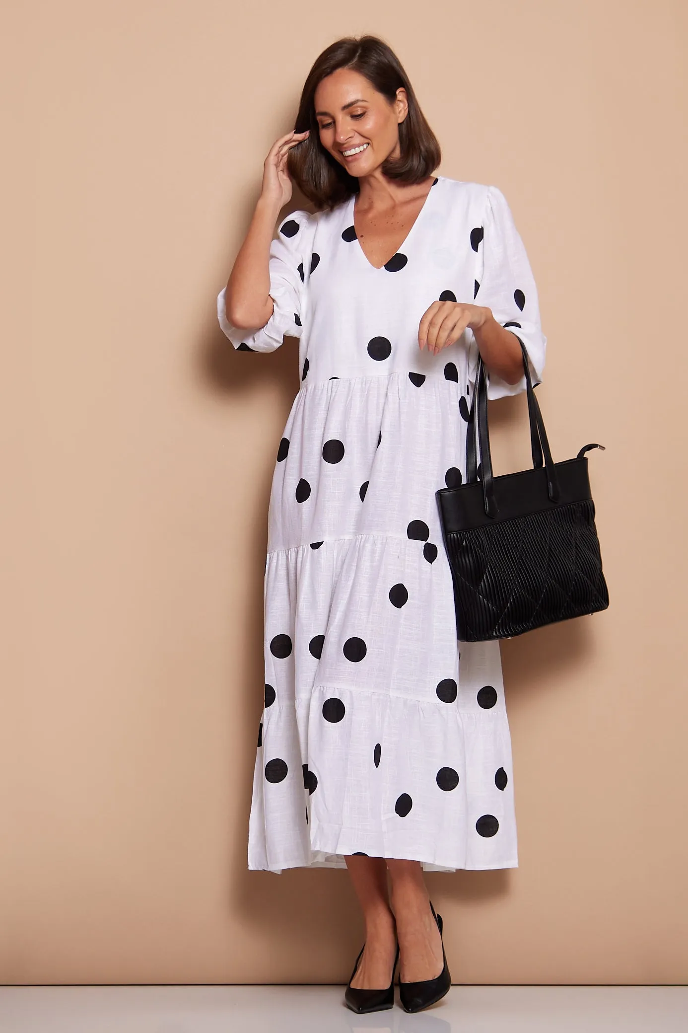 Eleanor Linen Dress - White/Black Spots