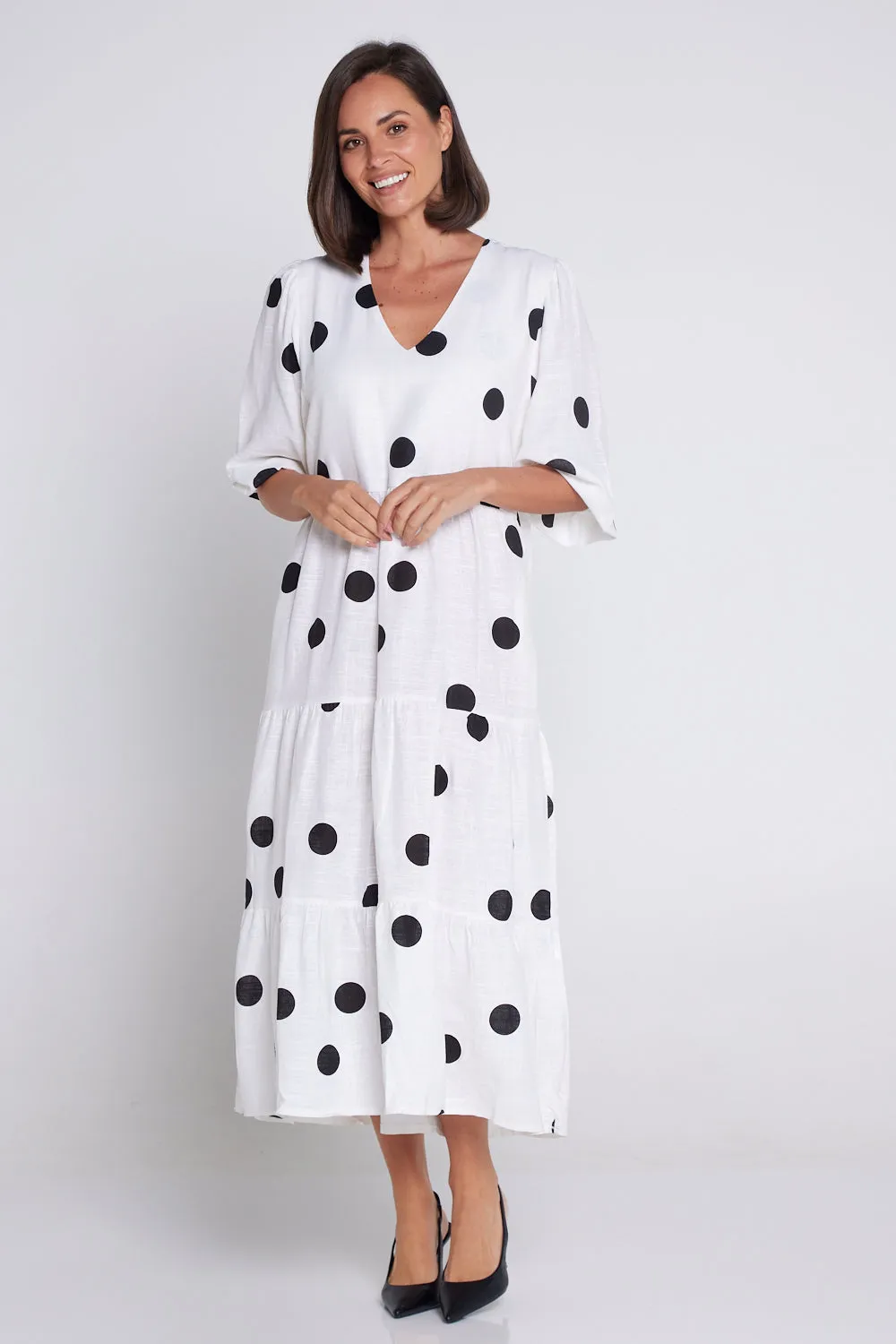 Eleanor Linen Dress - White/Black Spots