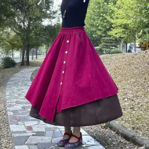 Fashionable Layered Colorblock Aesthetic Buttoned Long Skirts