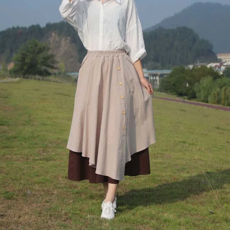 Fashionable Layered Colorblock Aesthetic Buttoned Long Skirts