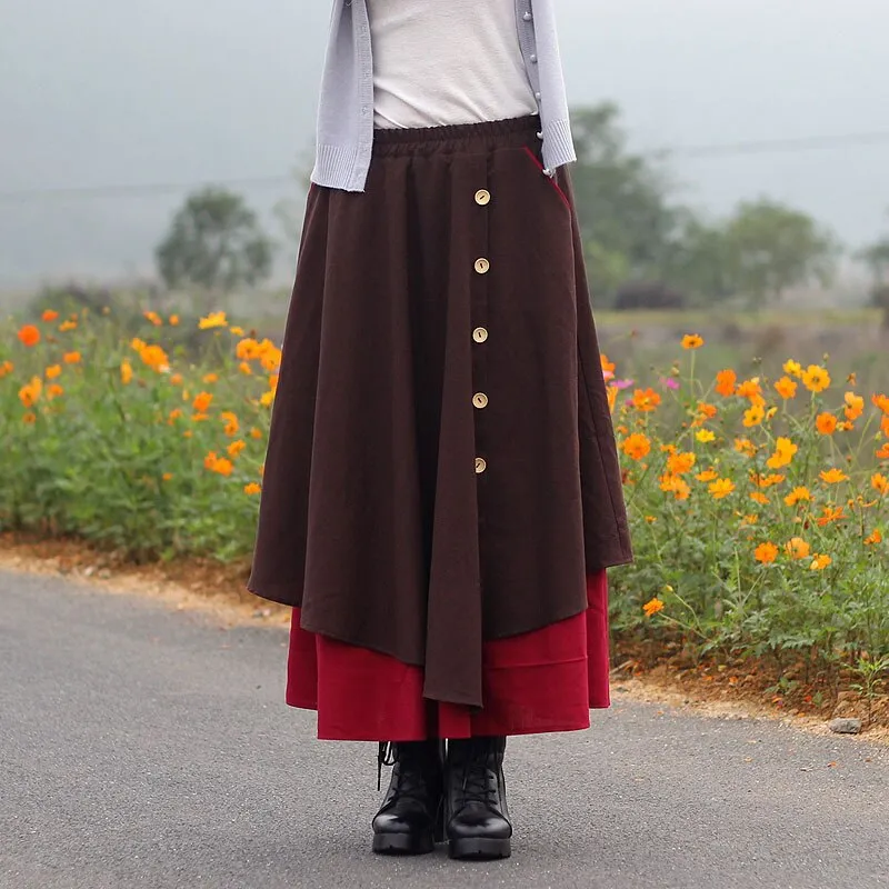 Fashionable Layered Colorblock Aesthetic Buttoned Long Skirts