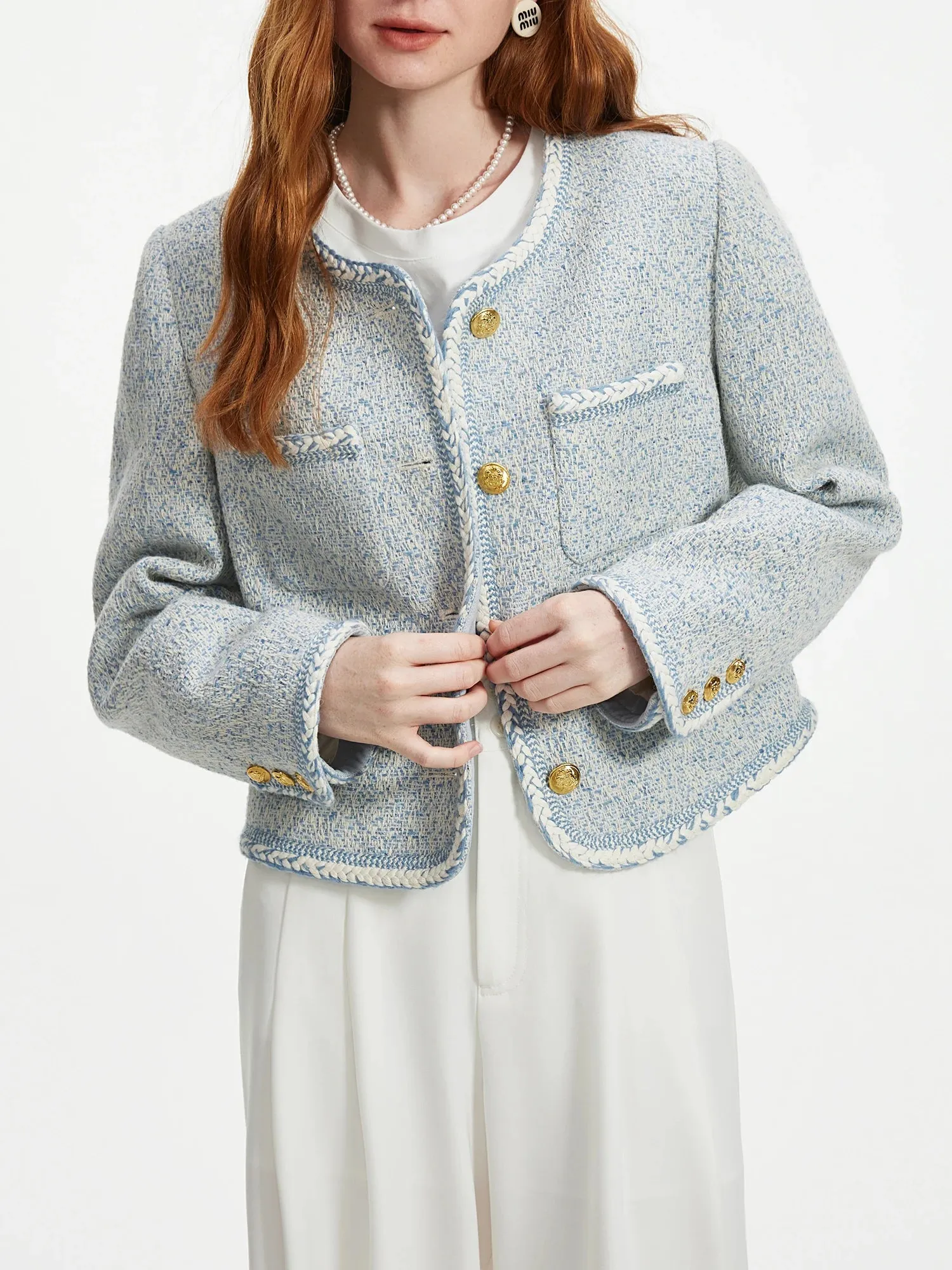 Fashionkova Wool Women Tweed Jackets Round Neck Autumn Office Lady Short Blue Temperament Coat Female Tweed Coats 24FS13349