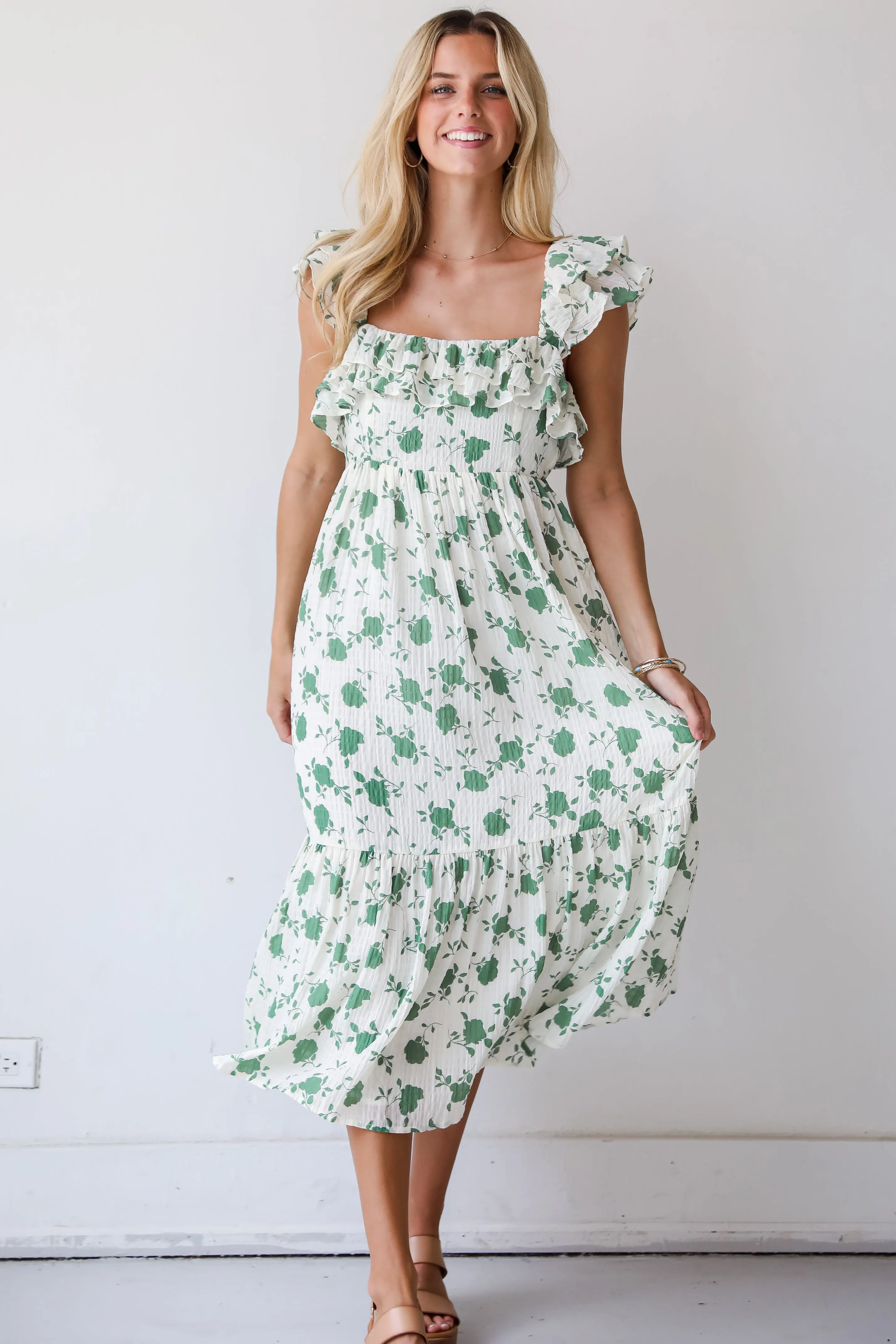 FINAL SALE - Fabulous Darling Green Floral Midi Dress