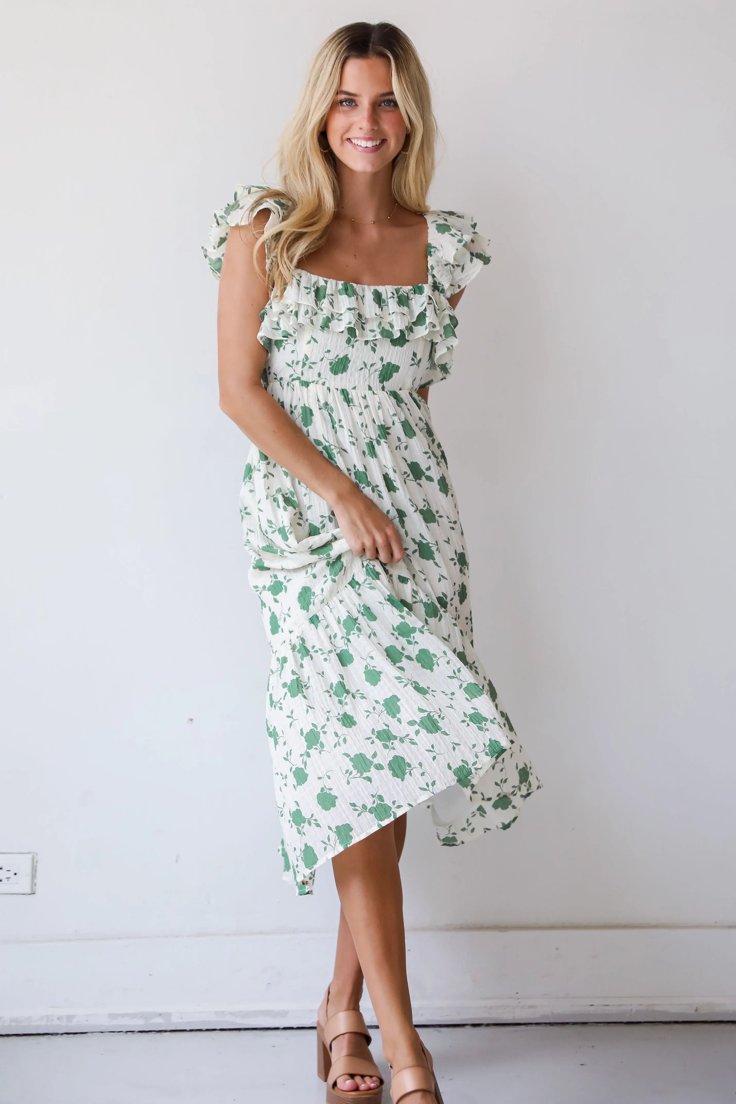 FINAL SALE - Fabulous Darling Green Floral Midi Dress