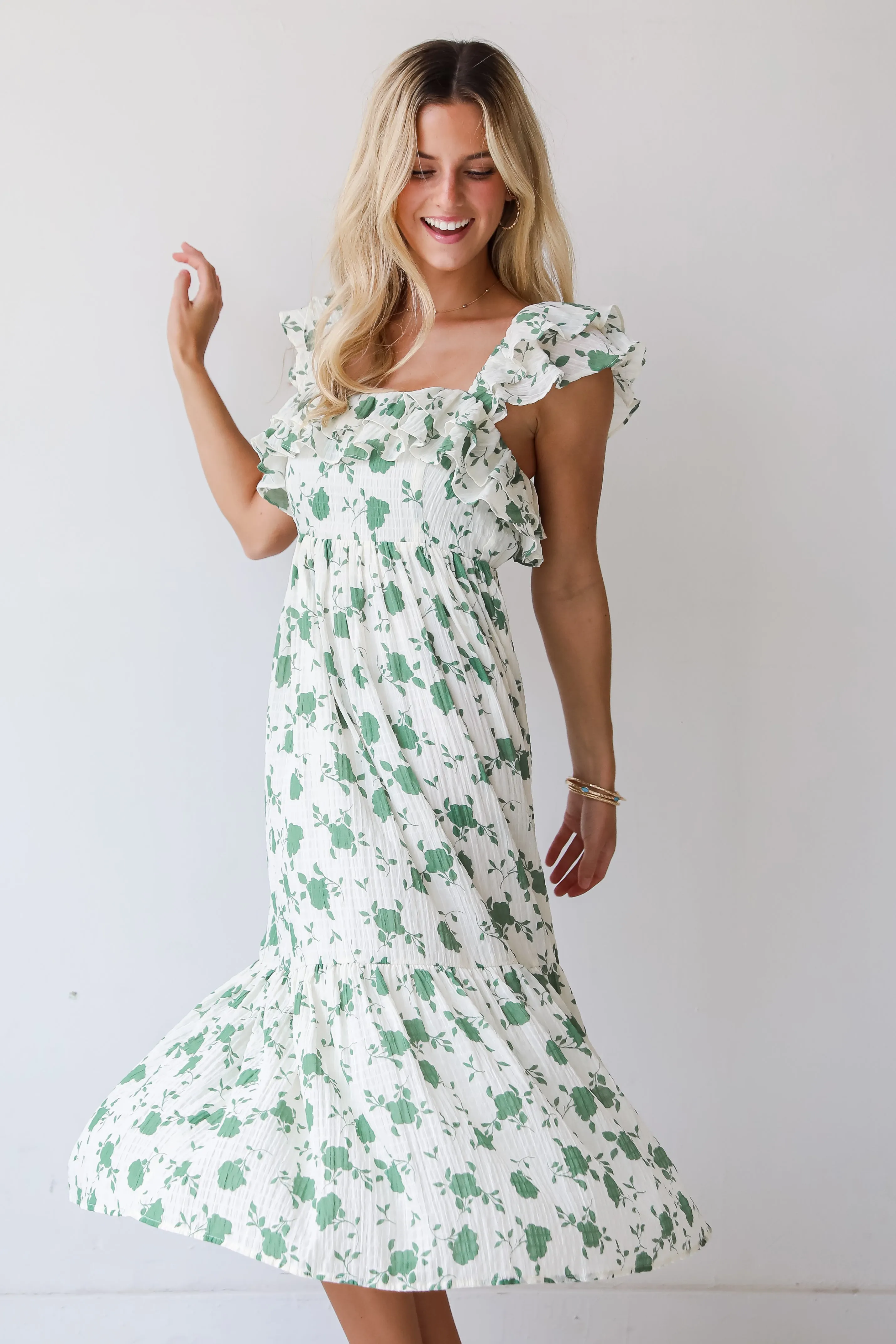 FINAL SALE - Fabulous Darling Green Floral Midi Dress