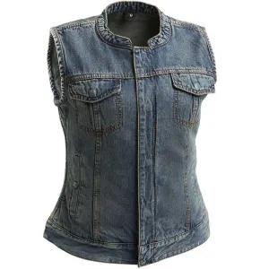 First Mfg Womens Lexy Washed Denim Motorcycle Vest Size SMALL - Final Sale Ships Same Day