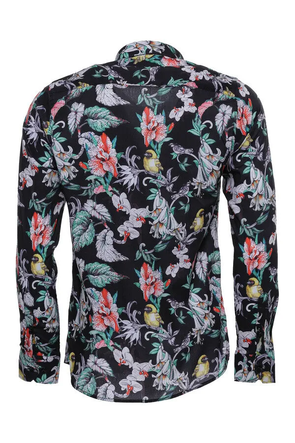 Floral Patterned Slim Fit Long Sleeves Black Men Shirt - Wessi