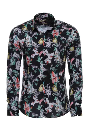 Floral Patterned Slim Fit Long Sleeves Black Men Shirt - Wessi