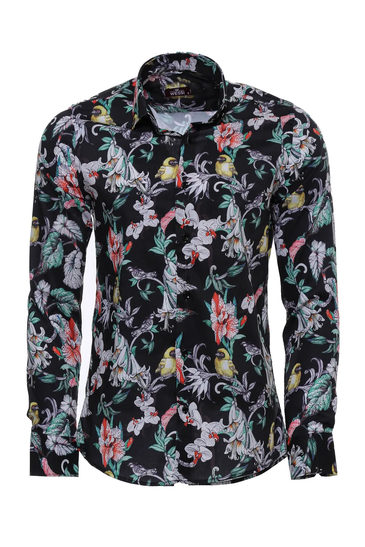 Floral Patterned Slim Fit Long Sleeves Black Men Shirt - Wessi