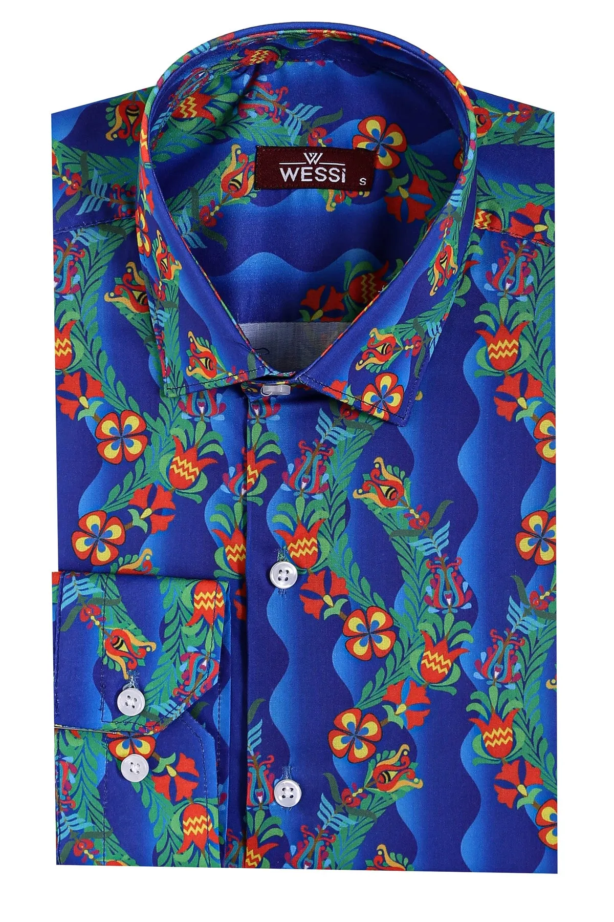 Floral Slim Fit Long Sleeve Indigo Men Shirt - Wessi