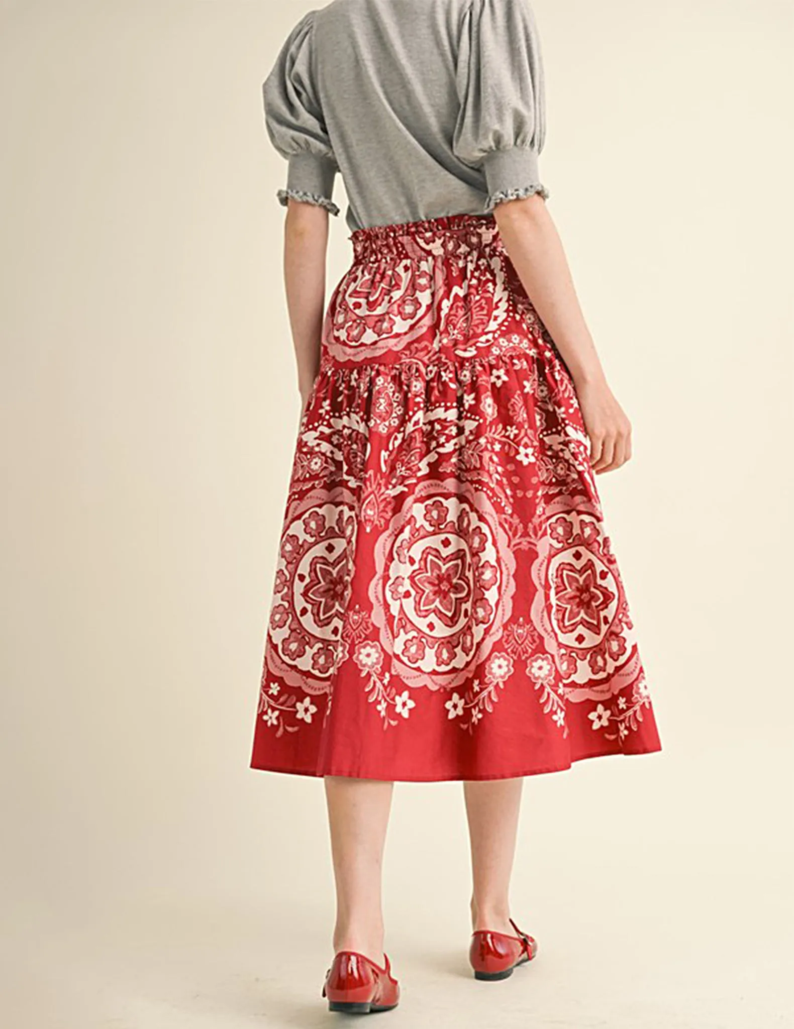 Freyja Red Medallion Print Midi Skirt