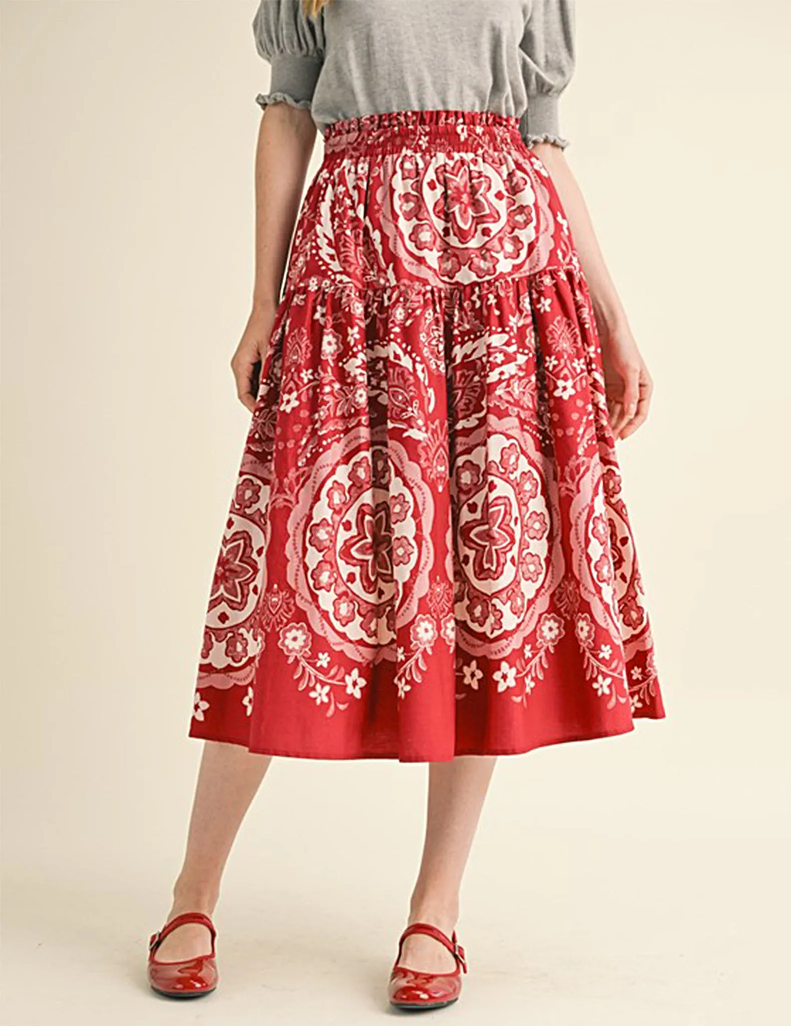 Freyja Red Medallion Print Midi Skirt