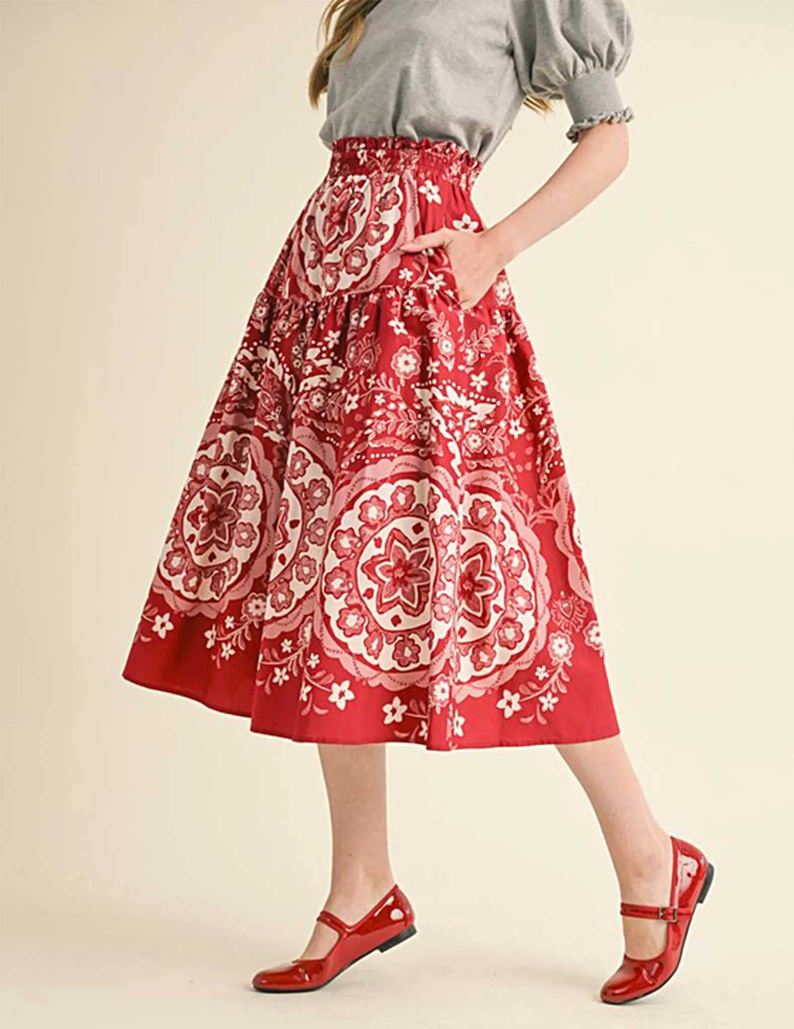 Freyja Red Medallion Print Midi Skirt