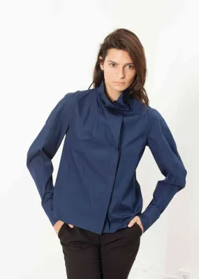 Full Collar Poplin Blouse in Navy