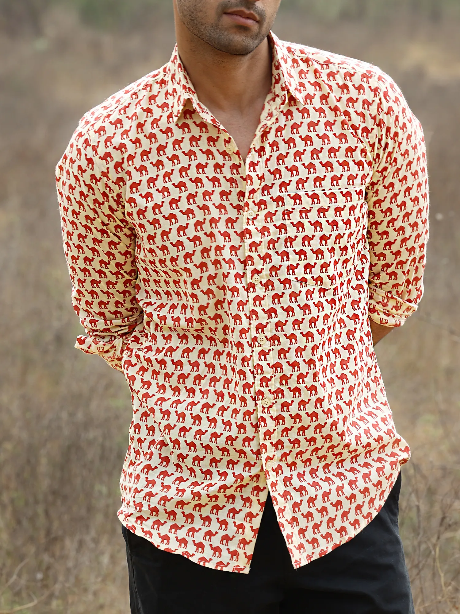 Full Sleeve Hand Block Camel Printed Mens Cotton Shirt (Red)