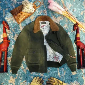 G1 Flight Jacket Genuine Leather Suede Cowhide Wool Collar Short Slim Fit Military Safari Coat