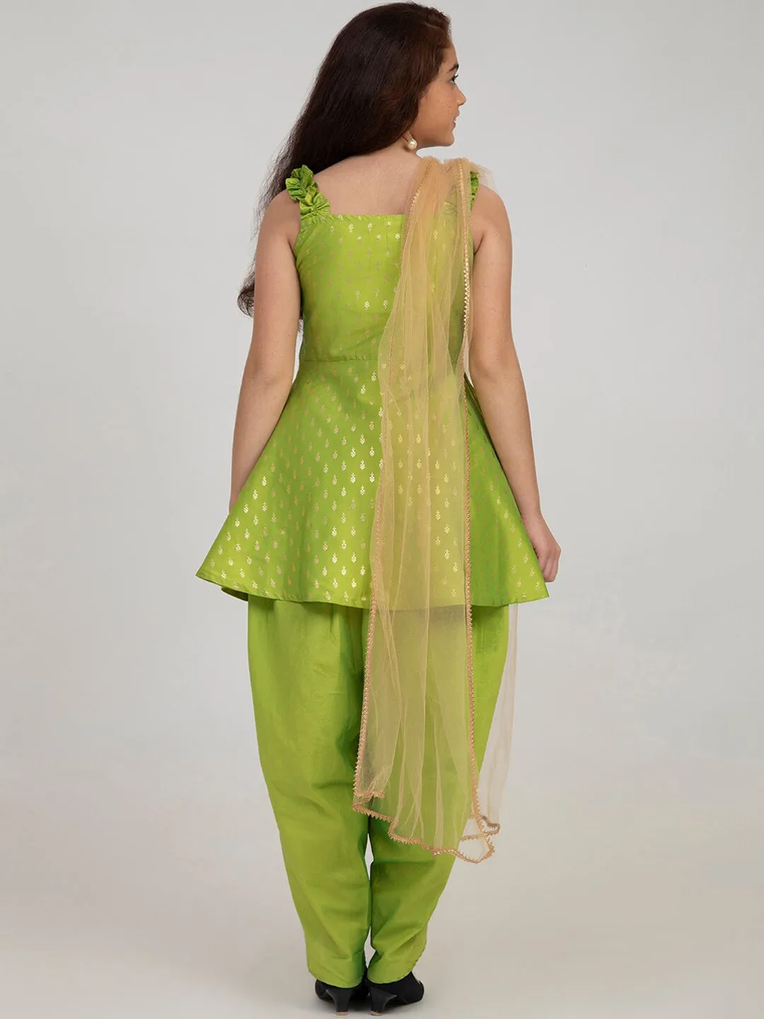 Girl's Green Ethnic Motifs Kurti with Dhoti Pants & With Dupatta - NOZ2TOZ KIDS