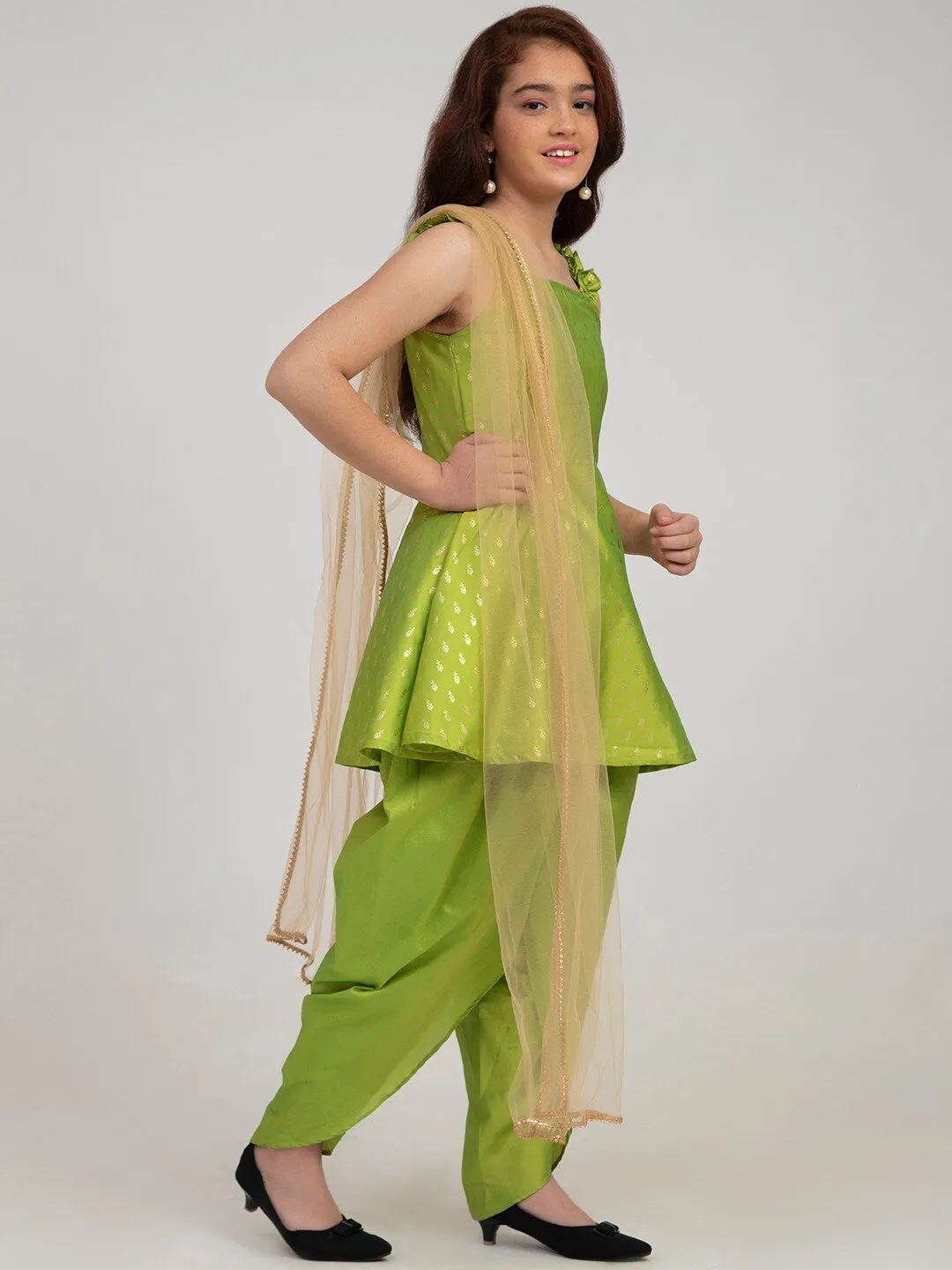 Girl's Green Ethnic Motifs Kurti with Dhoti Pants & With Dupatta - NOZ2TOZ KIDS