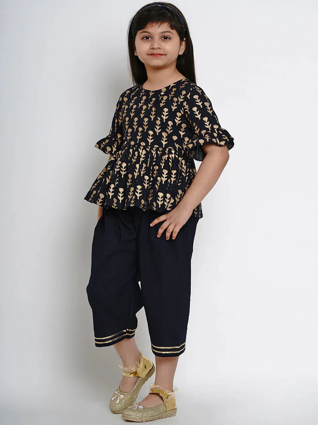 Girls Navy Blue Printed Kurti With Dhoti Pants