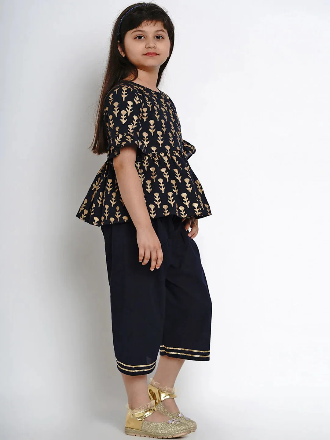 Girls Navy Blue Printed Kurti With Dhoti Pants