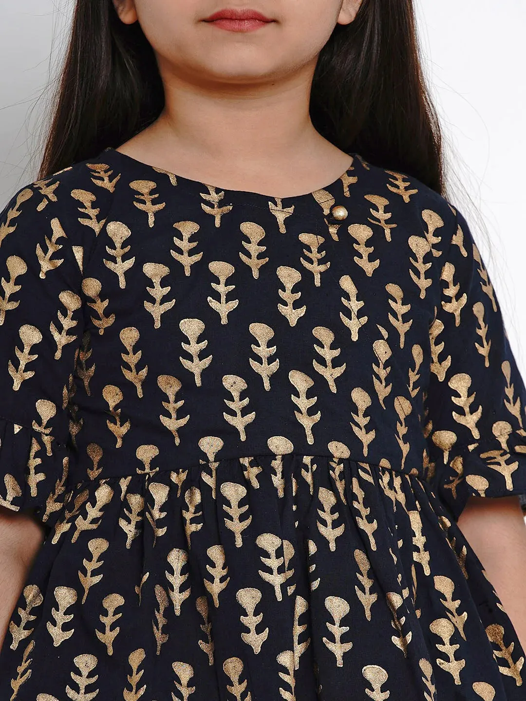 Girls Navy Blue Printed Kurti With Dhoti Pants