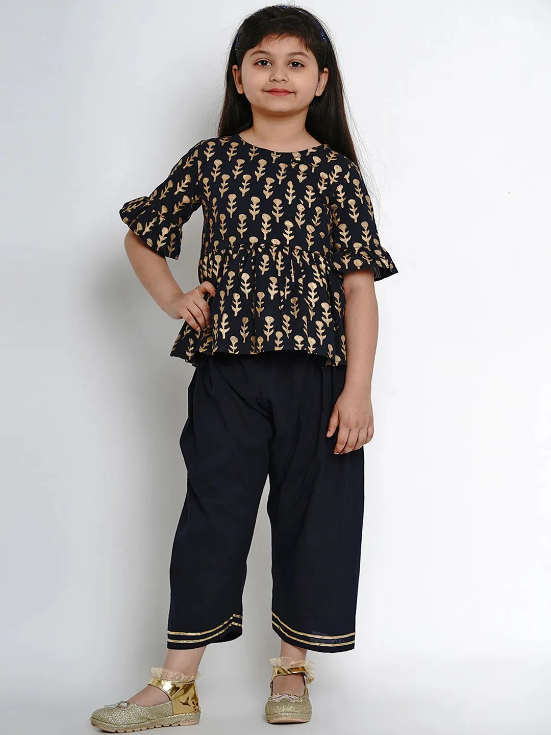 Girls Navy Blue Printed Kurti With Dhoti Pants