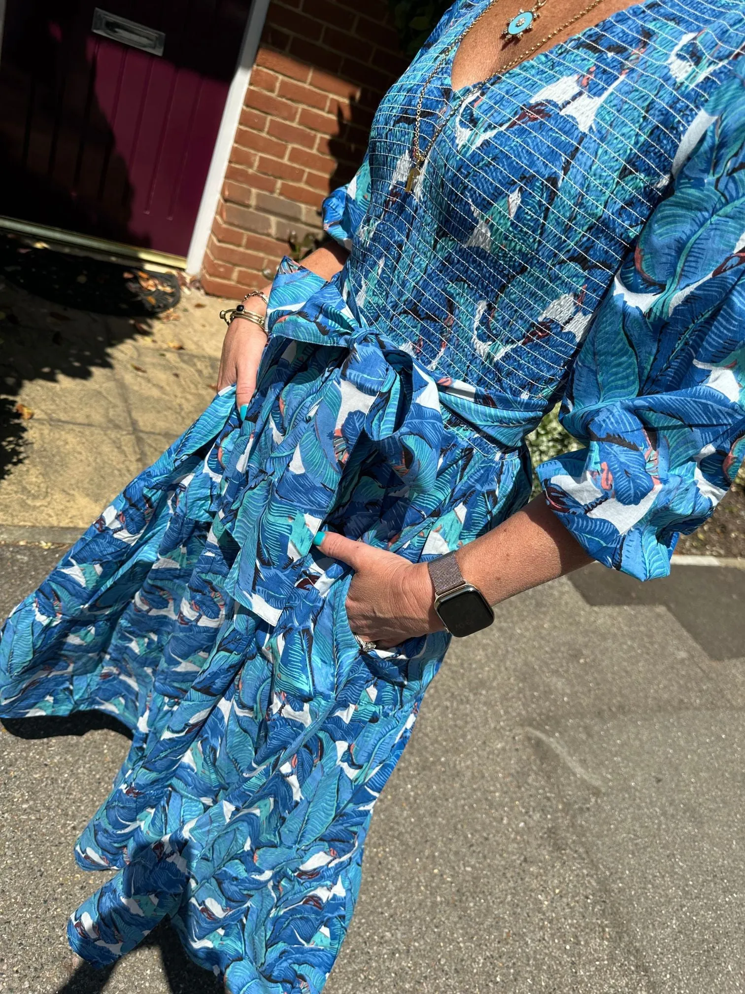 ‘GRACE V-DRESS’ IN BLUE BANANA LEAF (MIDI)