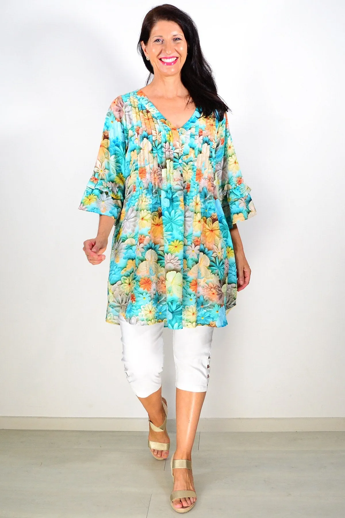 Green Colourful Floral Ladies Tunic Top