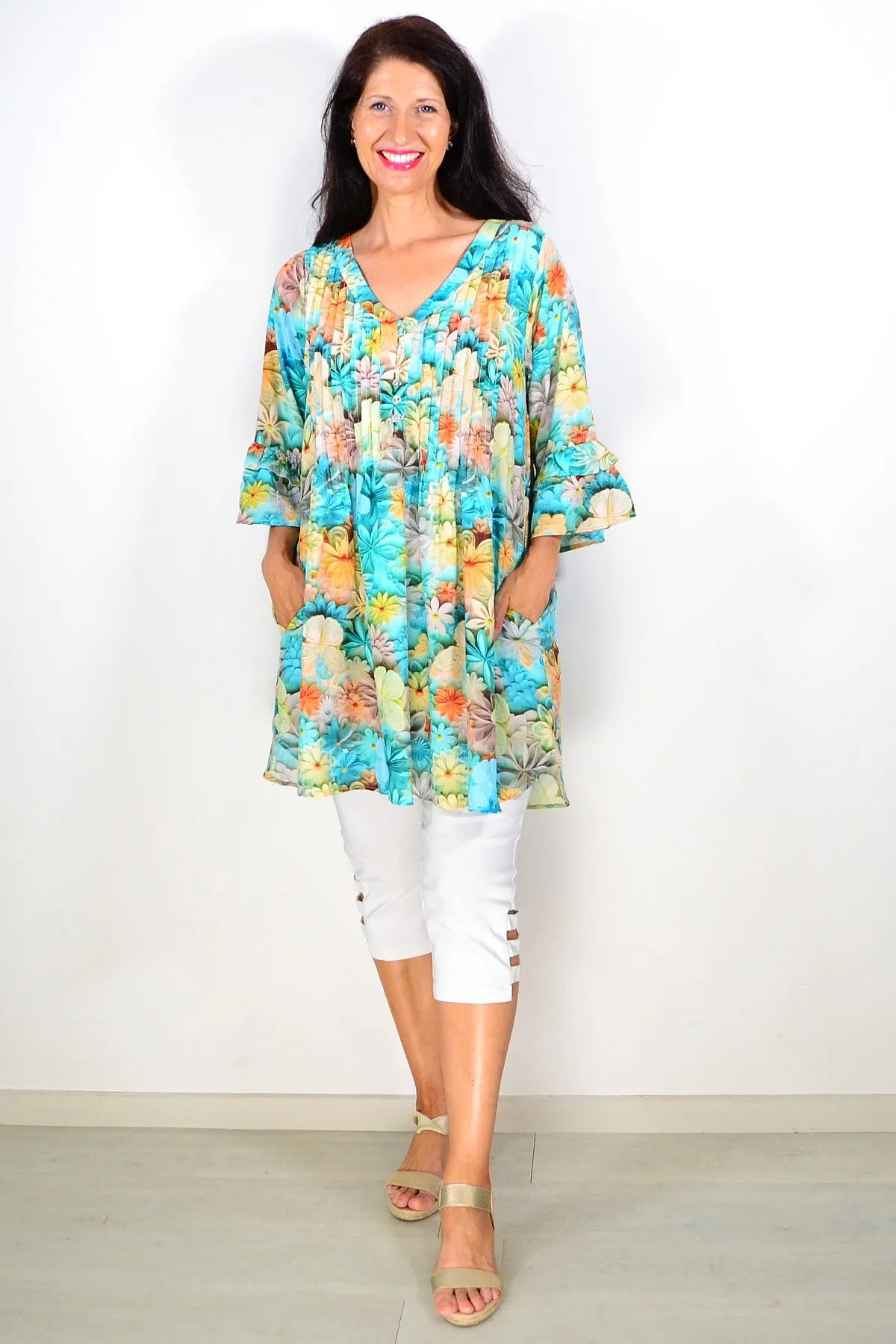 Green Colourful Floral Ladies Tunic Top