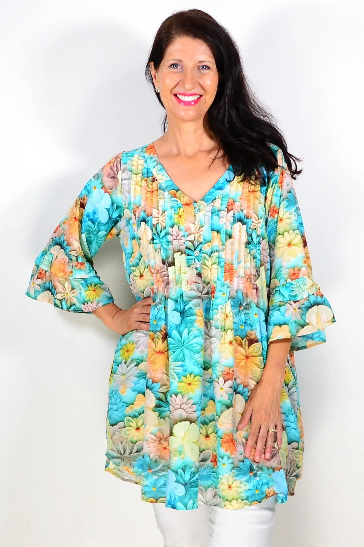 Green Colourful Floral Ladies Tunic Top