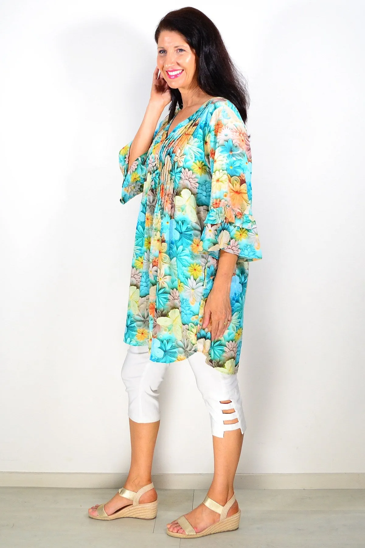 Green Colourful Floral Ladies Tunic Top