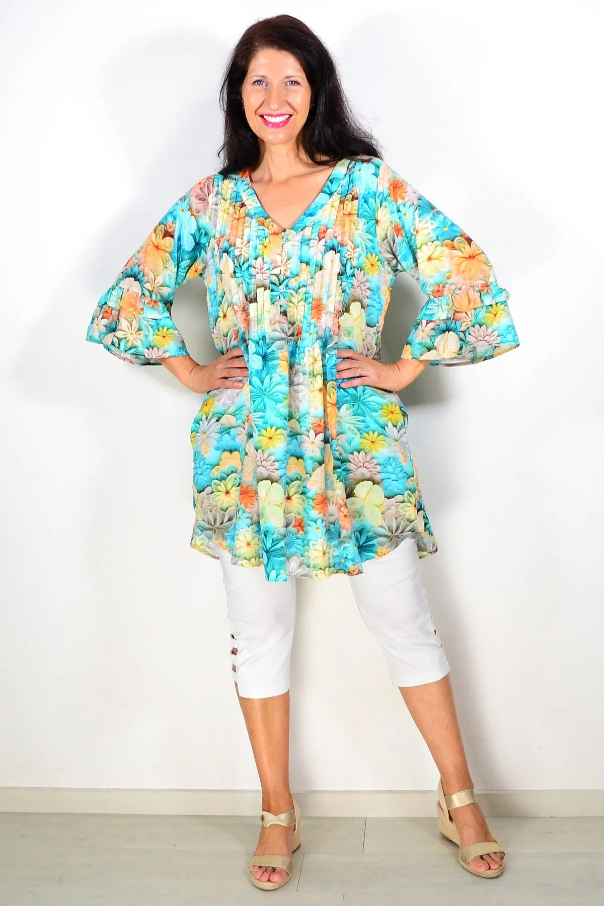 Green Colourful Floral Ladies Tunic Top