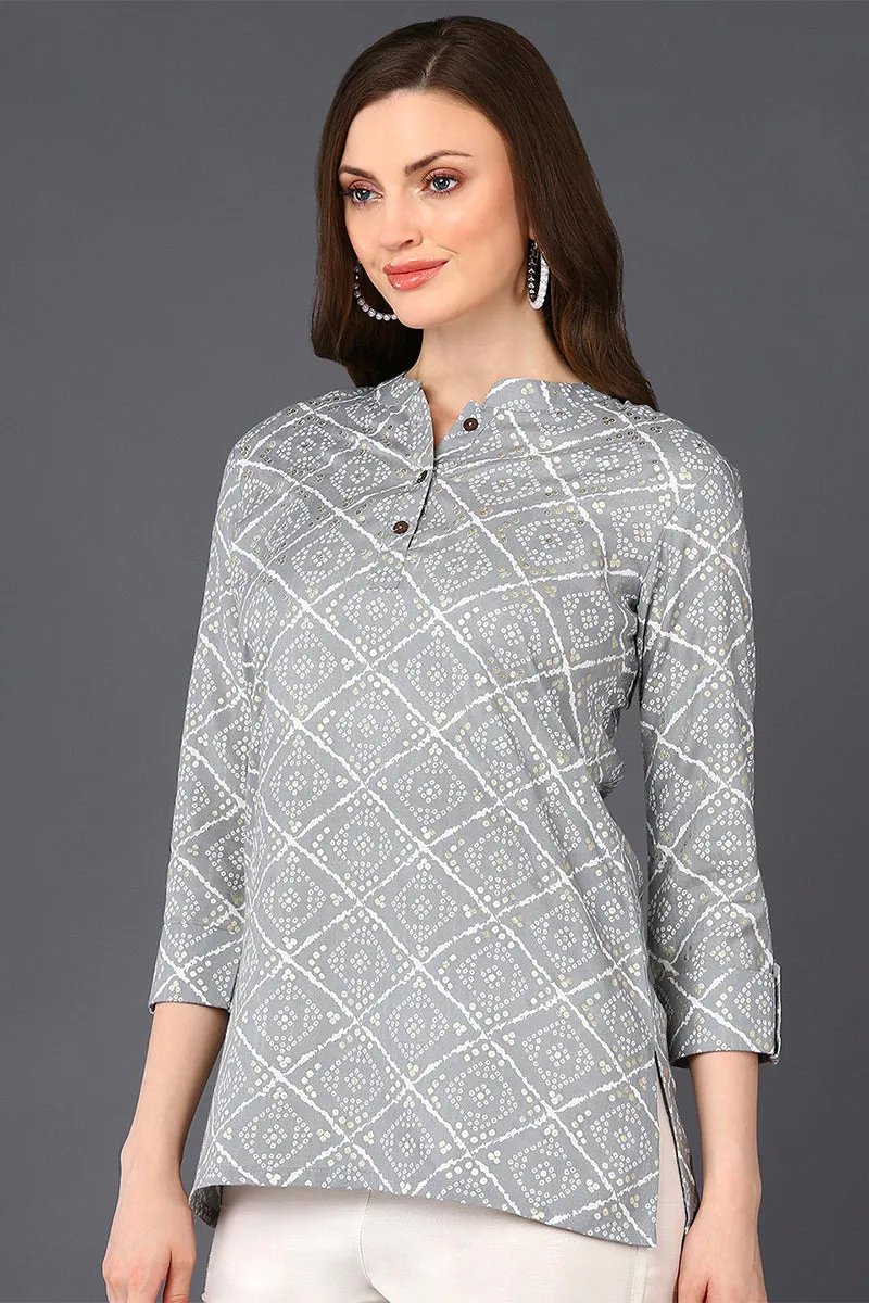 Grey Cotton Blend Bandhani Printed Straight Tunic