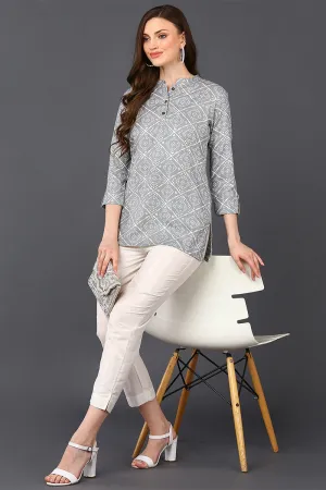 Grey Cotton Blend Bandhani Printed Straight Tunic