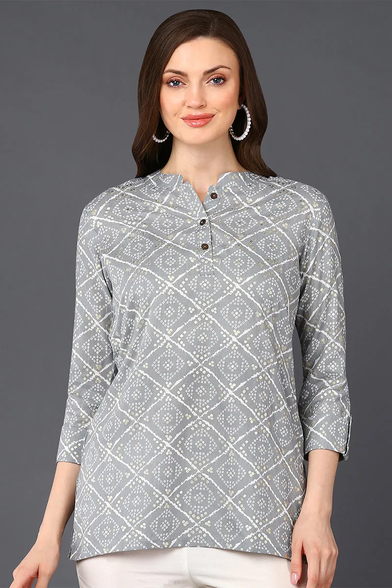 Grey Cotton Blend Bandhani Printed Straight Tunic