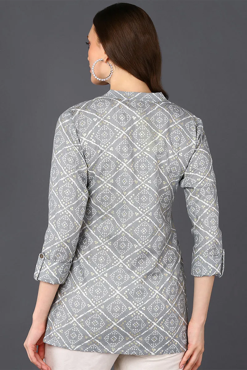 Grey Cotton Blend Bandhani Printed Straight Tunic