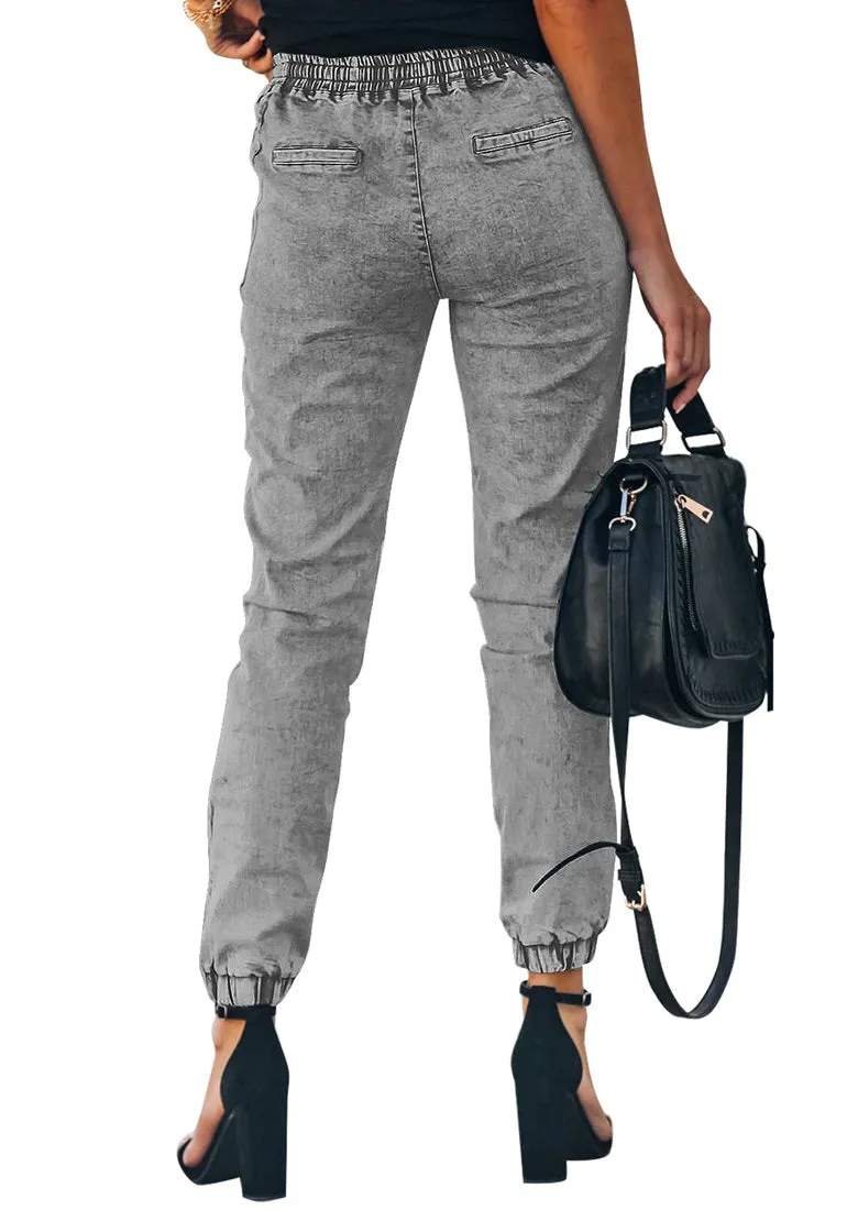 Grey Elastic-Waist Welt Pocket Denim Jogger Pants