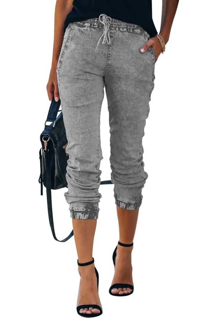 Grey Elastic-Waist Welt Pocket Denim Jogger Pants