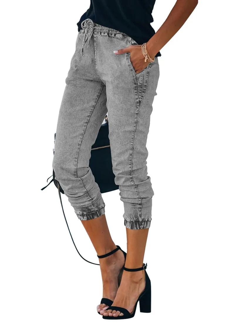 Grey Elastic-Waist Welt Pocket Denim Jogger Pants