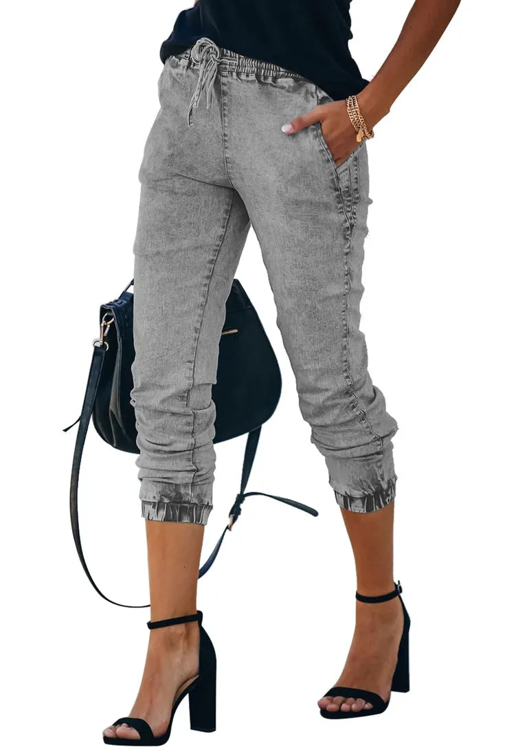 Grey Elastic-Waist Welt Pocket Denim Jogger Pants