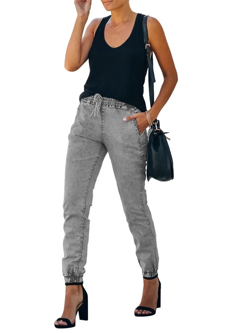 Grey Elastic-Waist Welt Pocket Denim Jogger Pants