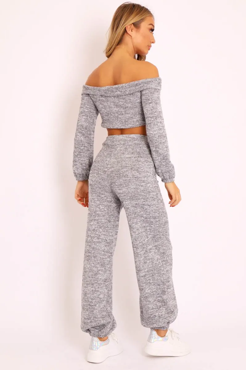 Grey Knitted Bardot Top and Oversized Joggers Loungewear Co-ord - Lorel