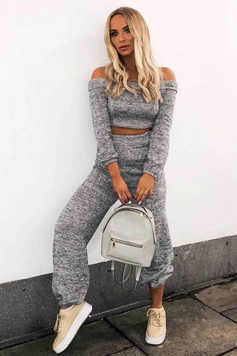 Grey Knitted Bardot Top and Oversized Joggers Loungewear Co-ord - Lorel