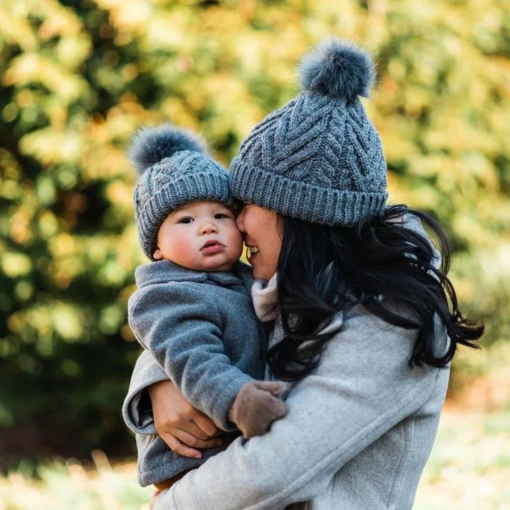 Grey Pop Pom Pom Beanie Hat  for Babies thru Adults