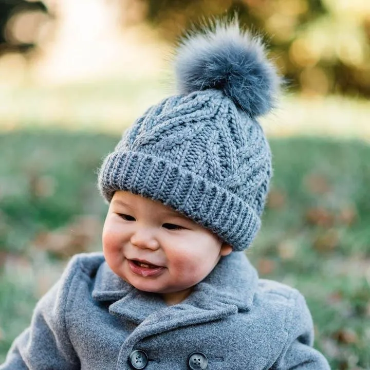 Grey Pop Pom Pom Beanie Hat  for Babies thru Adults