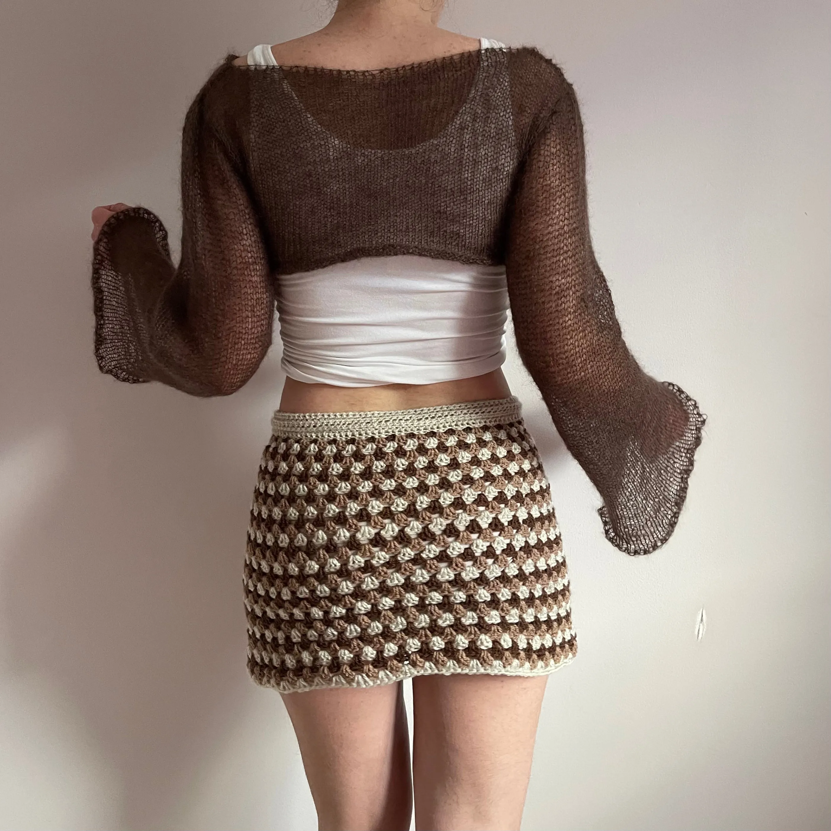 Handmade retro crochet mini skirt in beige and brown